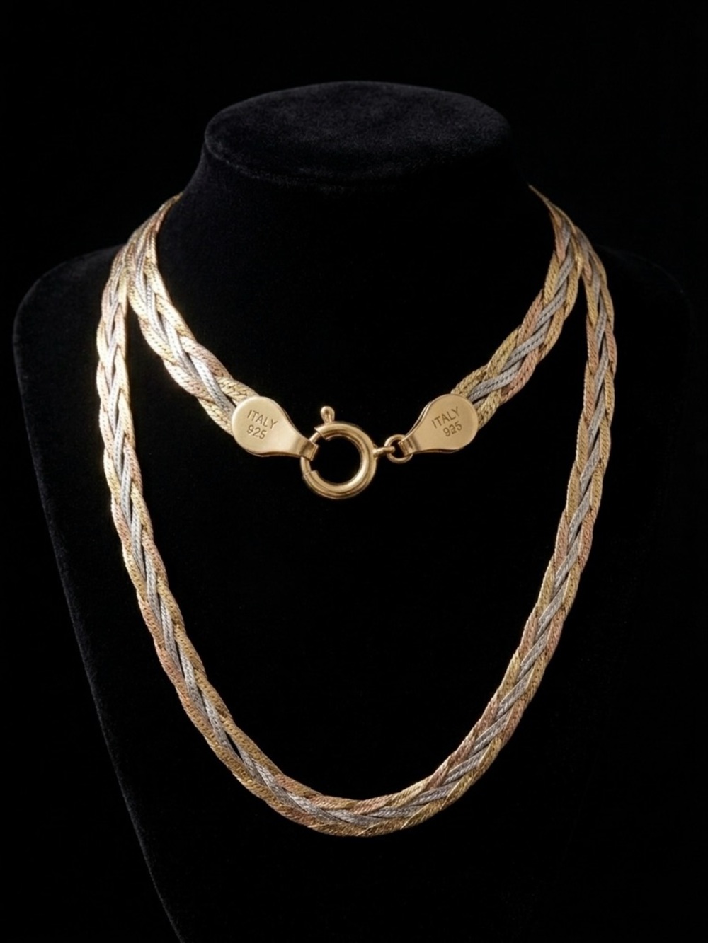 925 Italy Tri-Color Braided Herringbone Necklace — Gold Rose Silver Sterling 18” - Picture 5 of 7